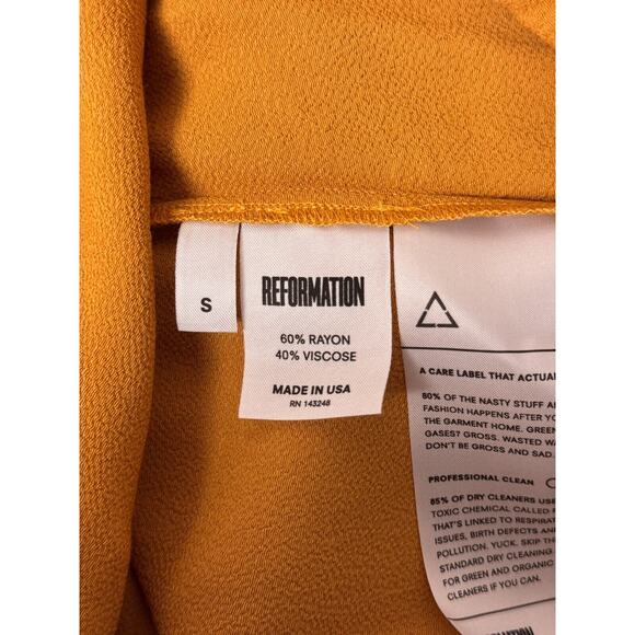 Reformation Shirt Small Womens Gold Crepe Long Sleeve Button Up Top - Picture 8 of 8